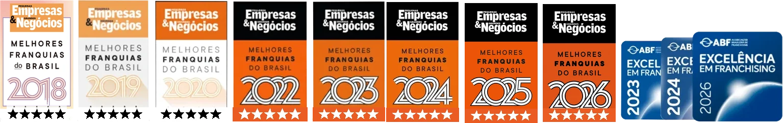 Selos Melhores Franquias do Brasil PEGN 2018–2026 e Excelência em Franchising ABF 2023, 2024 e 2026